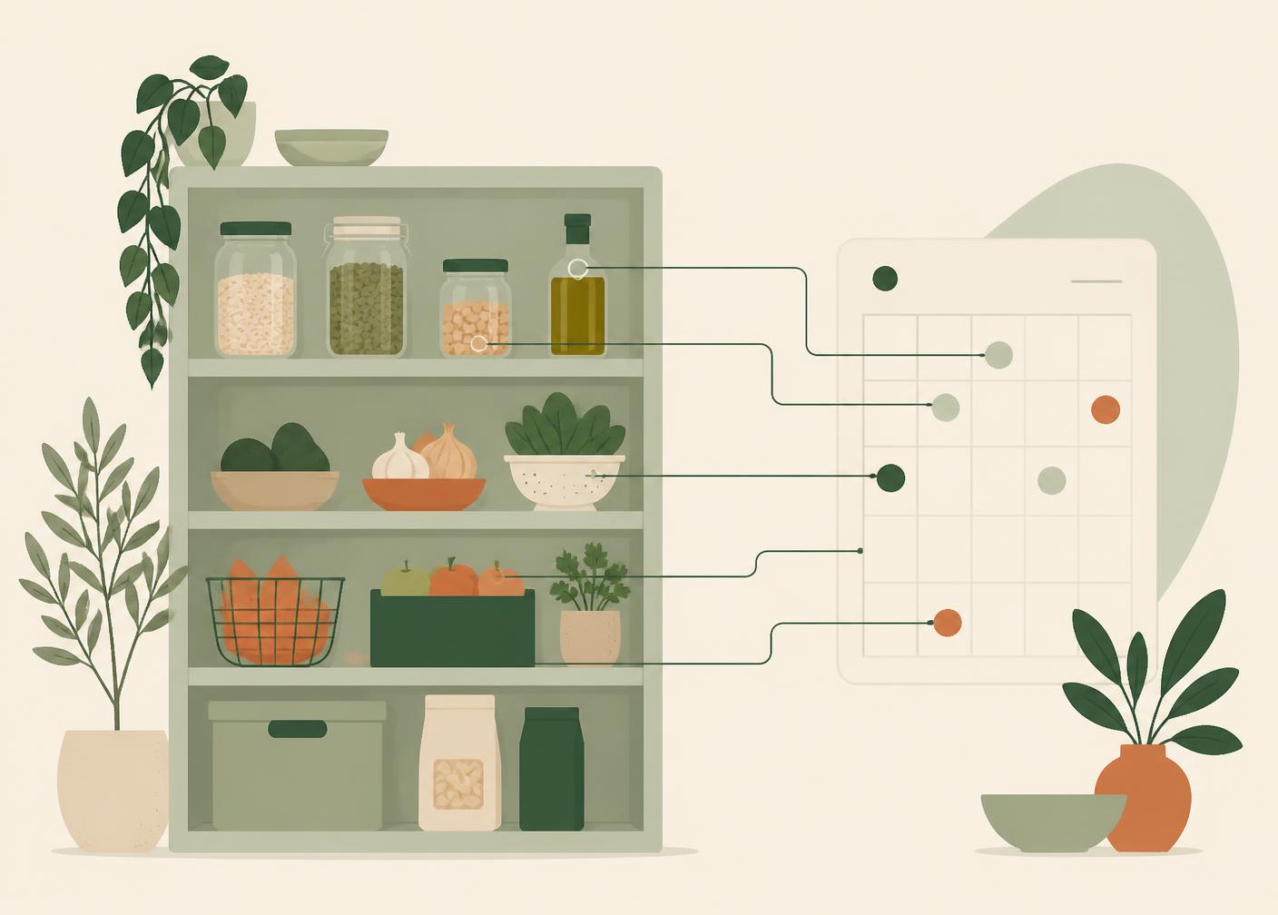 Illustrated pantry shelf connected to a calendar of use-by dates